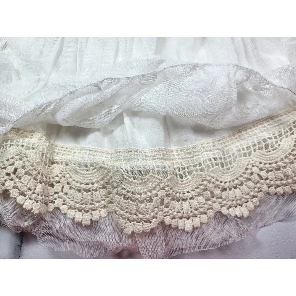White Petal Mesh Puff Layered Dress Rosette Tulle Crochet Lace Trim Wedding